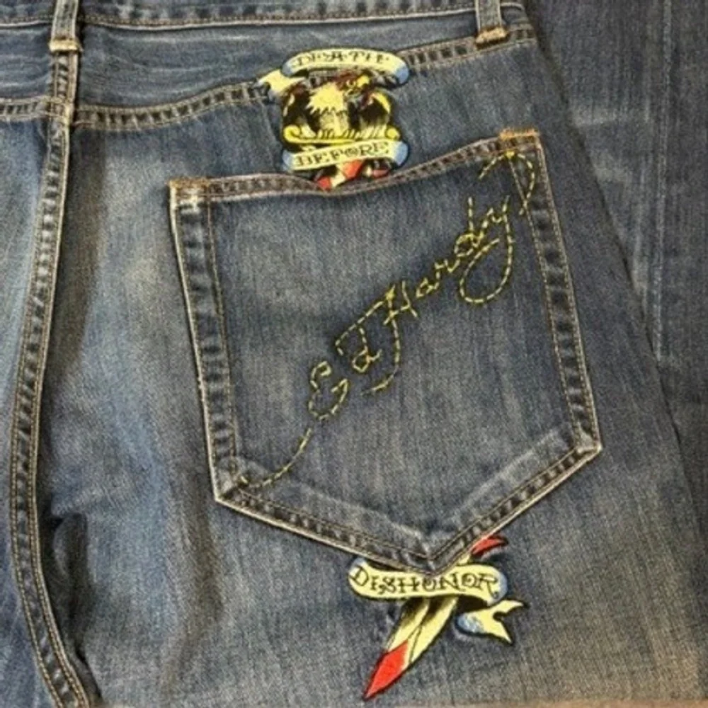 Ed Hardy Christian Audigier Denim Jeans Men 40x32 Blue Embroidered Button Fly